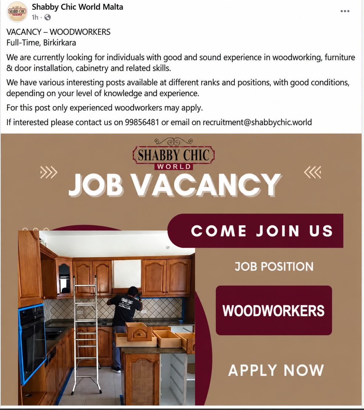 Woodworker job in Birkirkara, Malta
