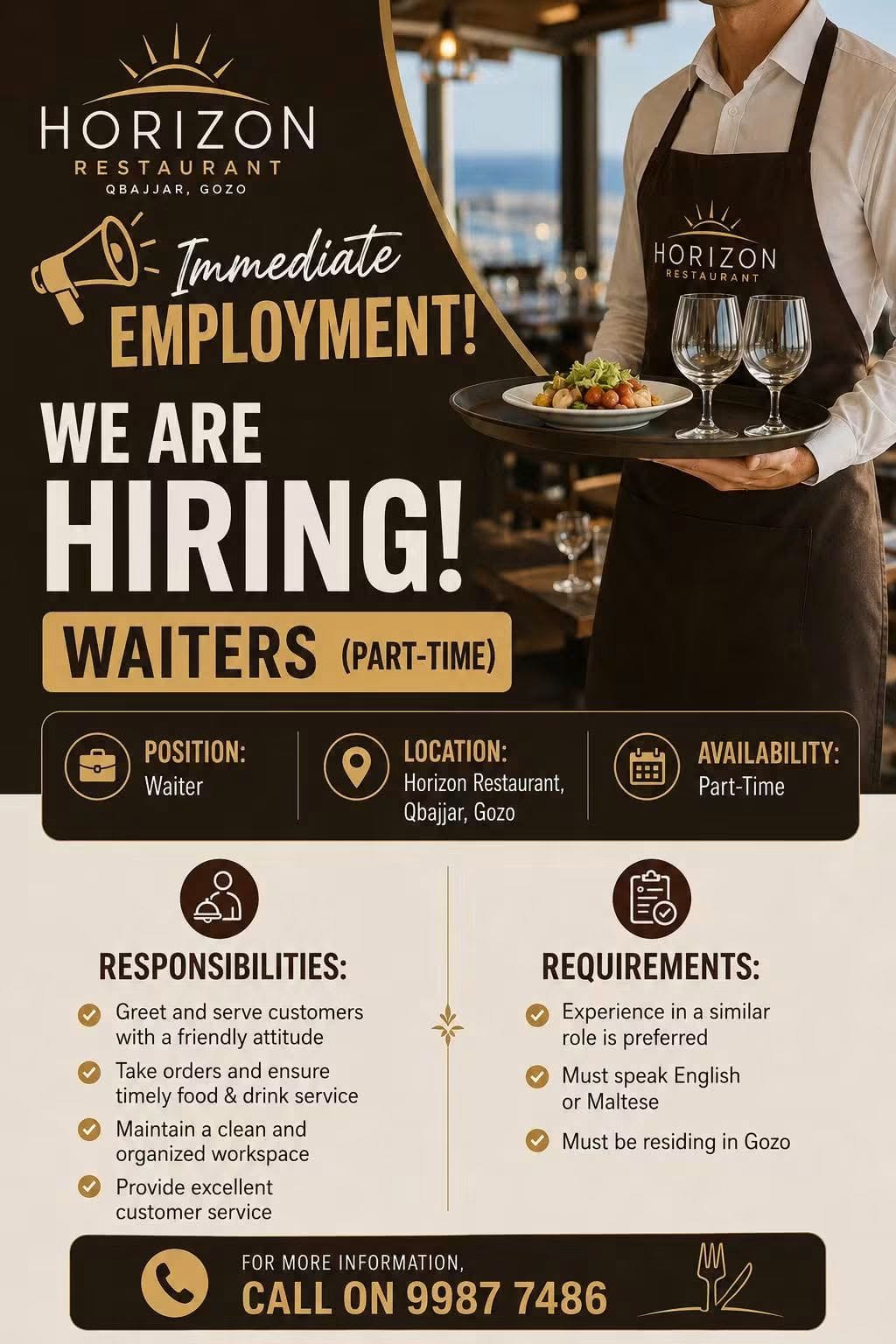 Waiter job in Qbajjar, Gozo, Malta