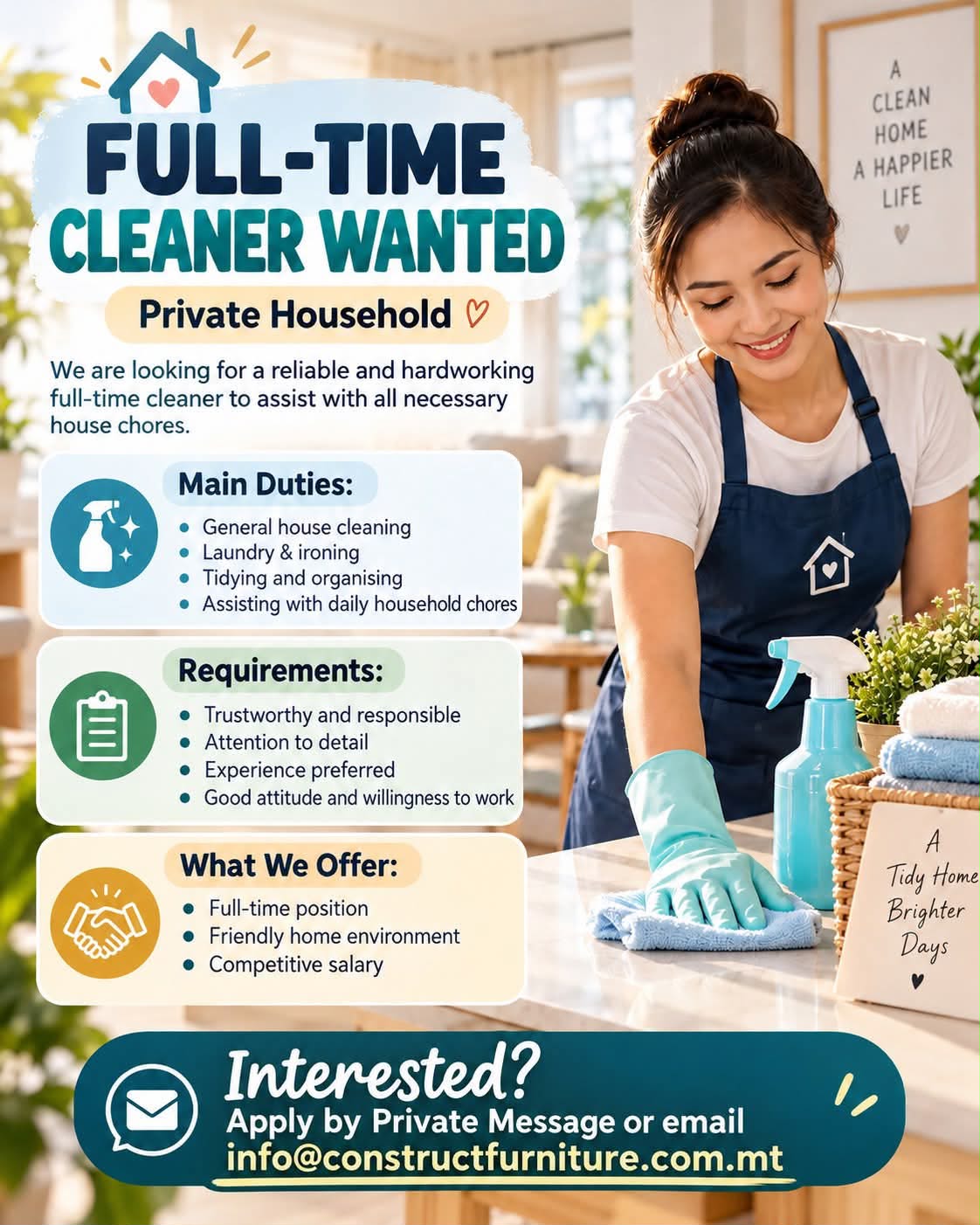 Full-Time Housekeeper / Cleaner job in Luqa, Malta