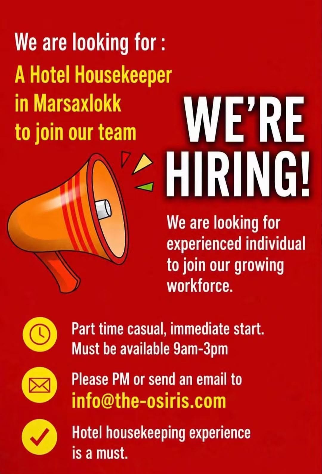 Hotel Housekeeper job in Marsaxlokk, Malta