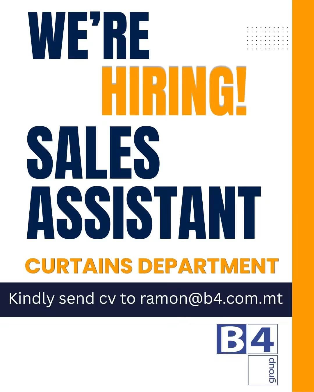 Sales Assistant – Curtains & Blinds job in Mosta, Malta
