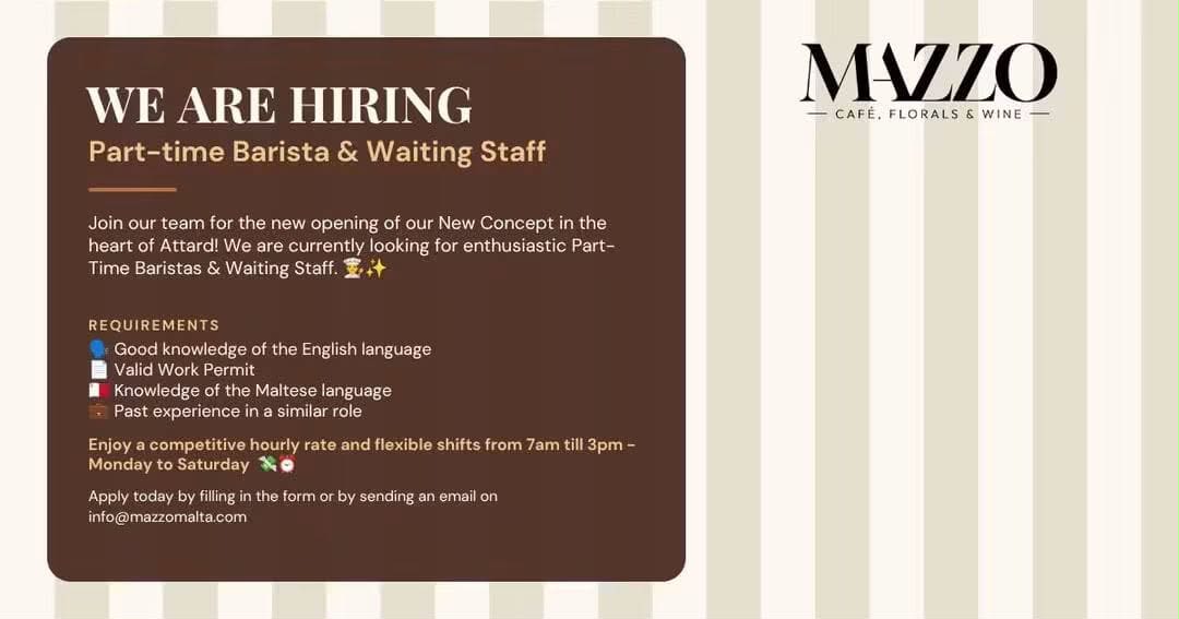 Waiting Staff job in Attard, Malta